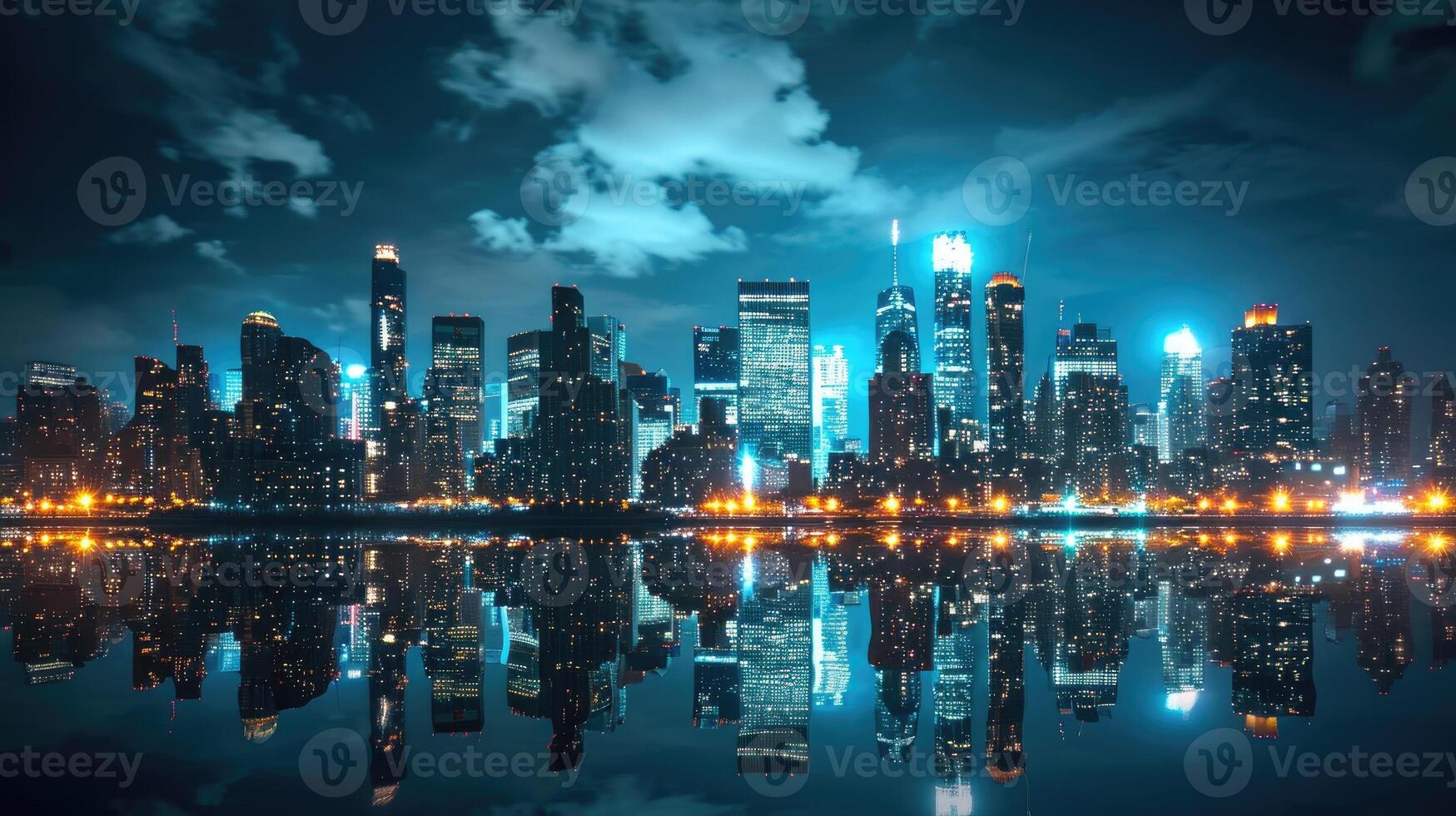 AI generated Enjoy a stunning city skyline night view with captivating reflections and a picturesque sky, Ai Generated. photo