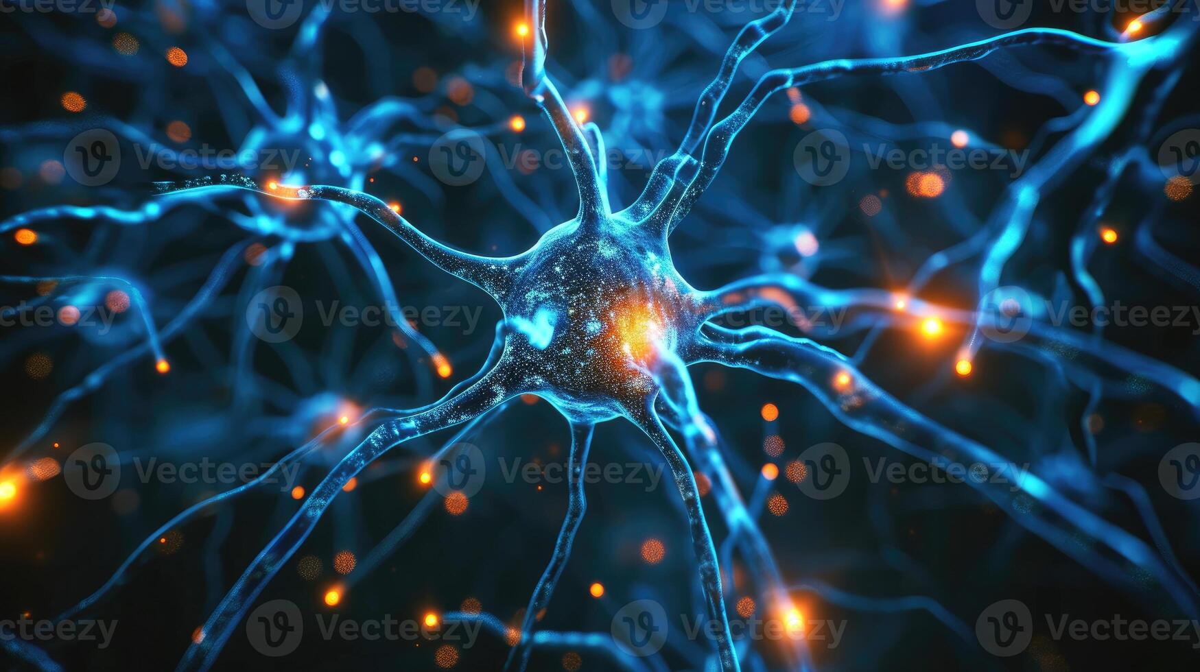 AI generated Energetic Neurons, Neuronal Network Exhibiting Neuron Cell Electrical Activities. Studies in Neuroscience, Neurology, and Cerebral Activity, AI Generated photo