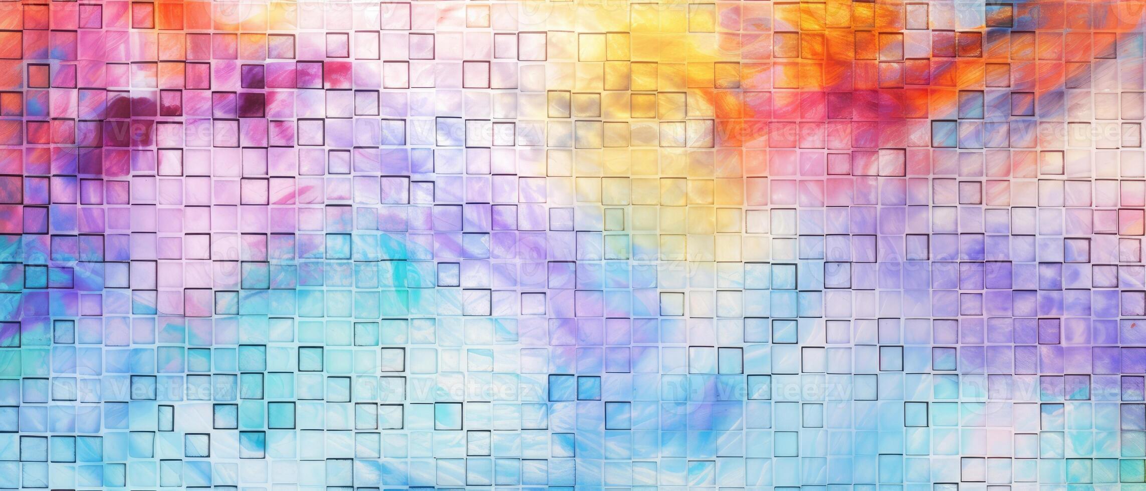 ai generado un intrigante mezcla de blanco y arco iris colores en un vibrante resumen grunge vaso cuadrado mosaico teja, ai generado. foto