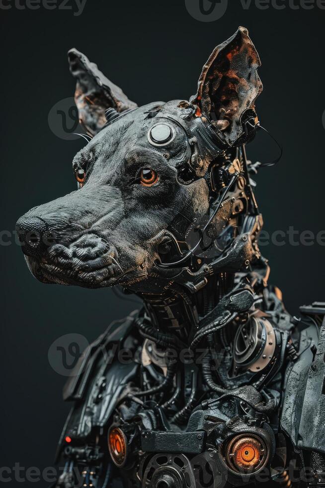 ai generado en el oscuridad, un cyborg perro emerge, un fusión de máquina y canino, ai generado foto