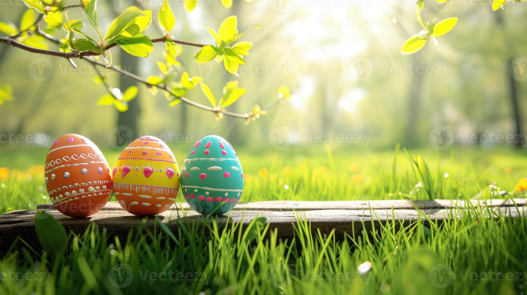AI generated Three painted Easter eggs symbolizing a Happy Easter on a spring day, set in a green grass meadow with bright sunlight, tree leaves, and a background, Ai Generated. photo