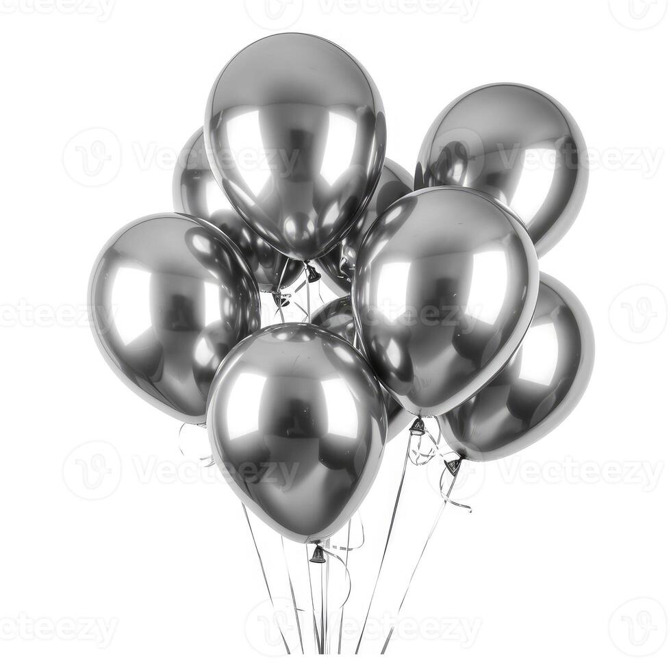 AI generated Bunch of glossy shiny silver helium balloons on string isolated on white, Ai Generated. photo