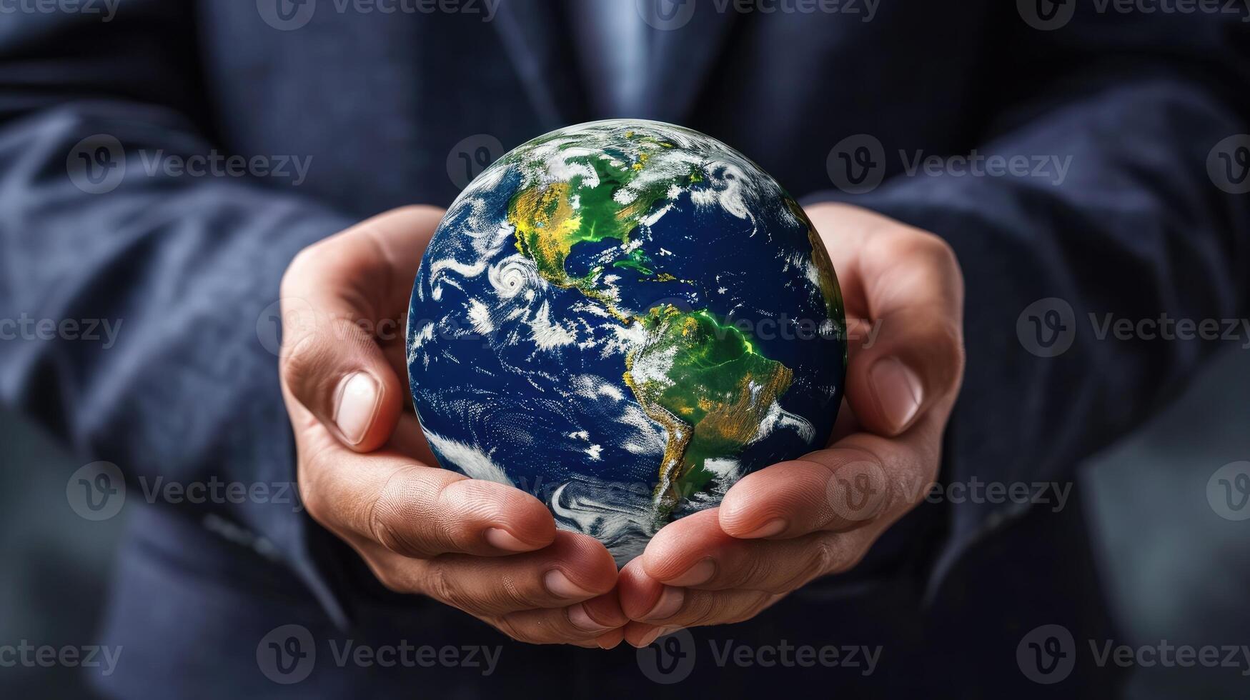 AI generated A businessman confidently holds the Earth globe in his hands, symbolizing global business reach, Ai Generated photo