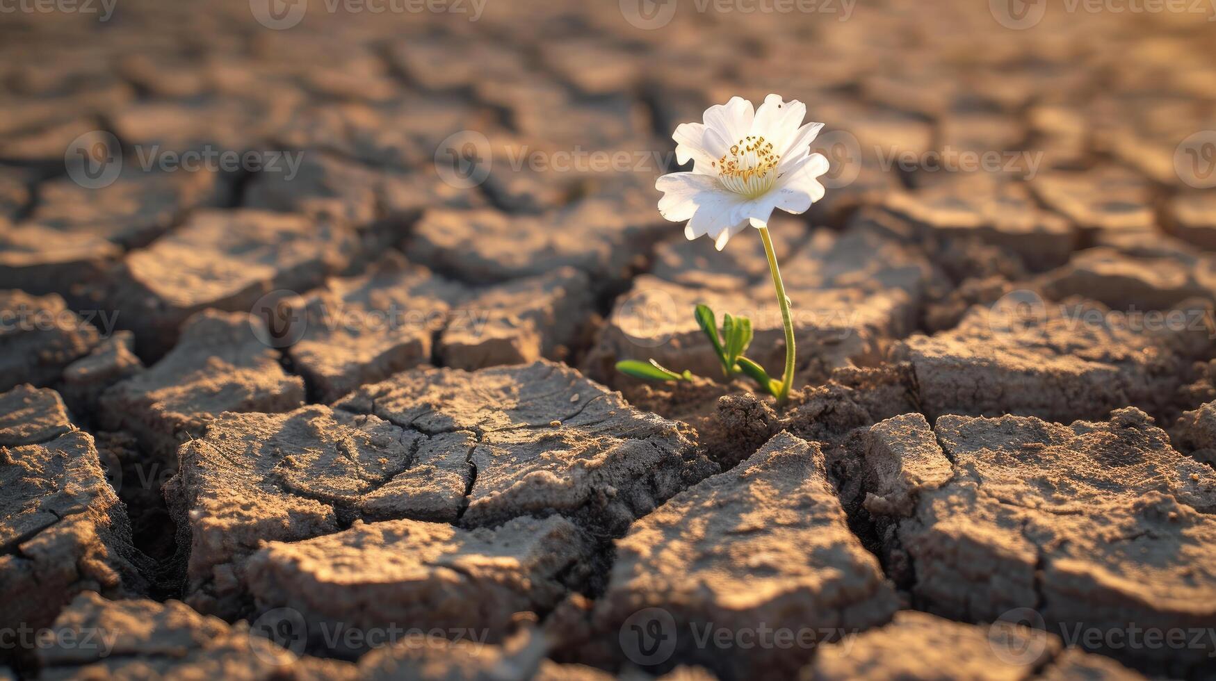 ai generado un minúsculo blanco flor emerge mediante seco, agrietado tierra, simbolizando resiliencia, ai generado. foto