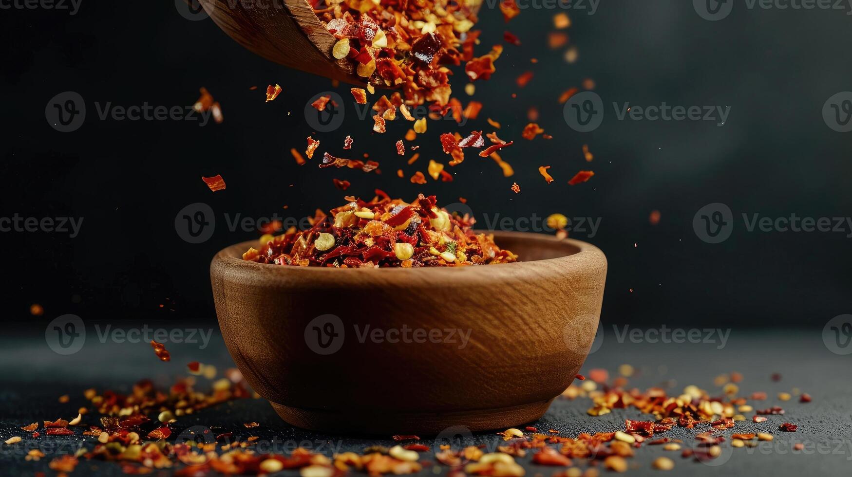 AI generated Experience rustic warmth and spice with chili flakes in a wooden dish, Ai Generated. photo
