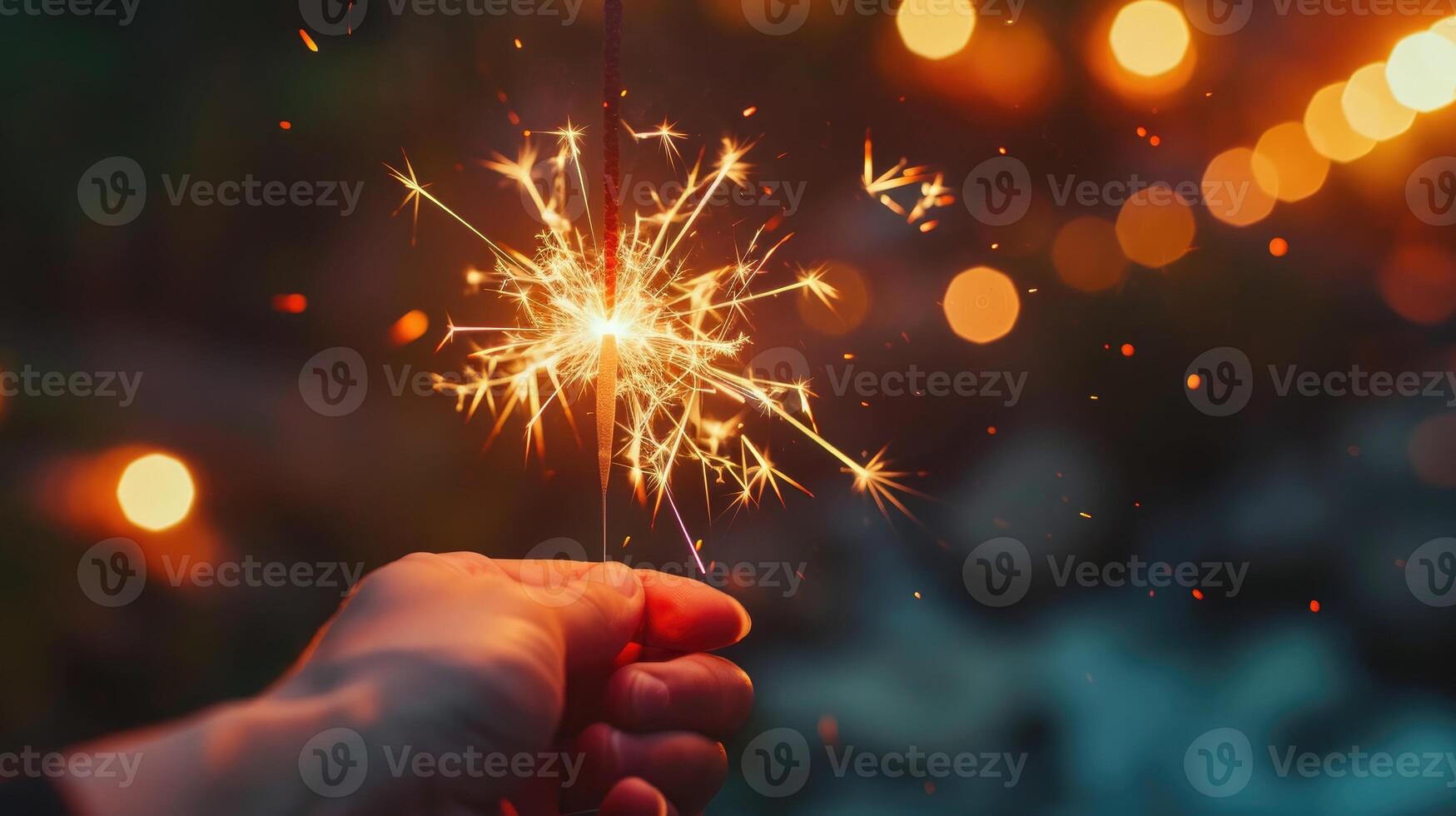 AI generated Hand Holding a Sparkler at a Vibrant Beach Party with Nighttime Firework Spectacle Ai Generated photo