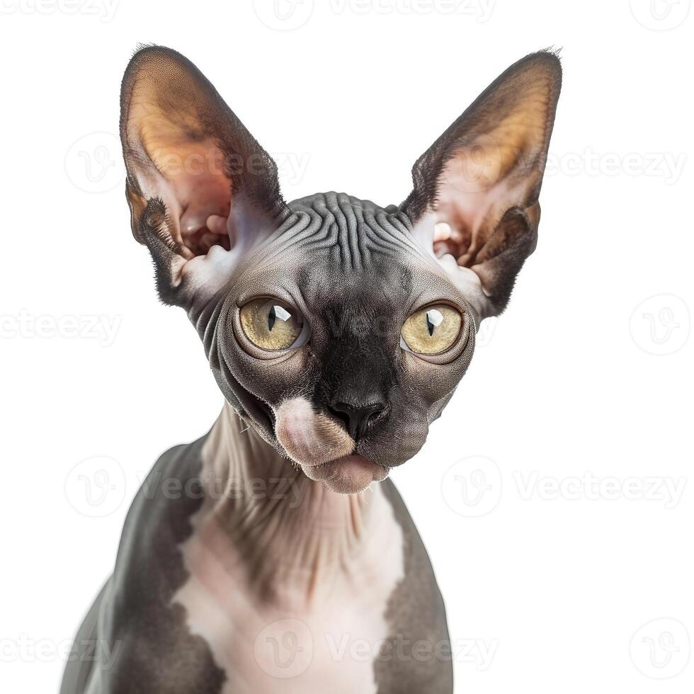 AI generated A sleek Sphynx cat, devoid of fur, stands out on a white background, Ai Generated photo