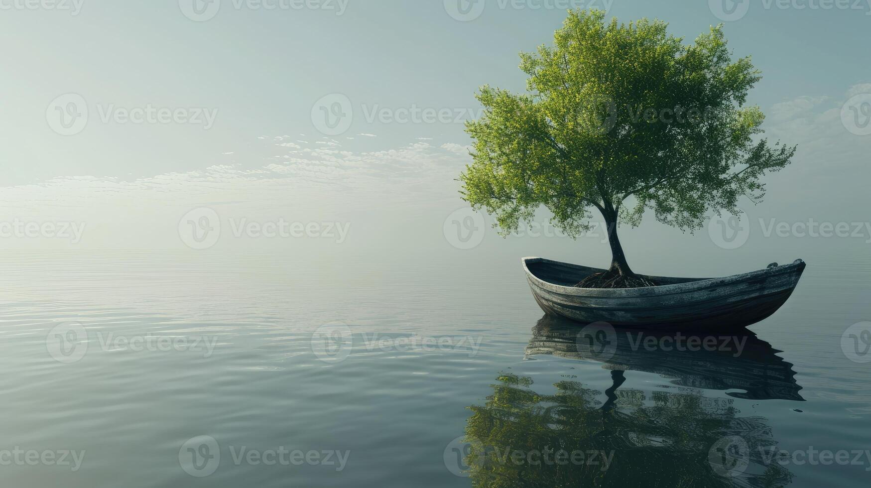 AI generated Experience the whimsical sight of a boat floating with a tree onboard, blending nature and adventure. Ai Generated. photo