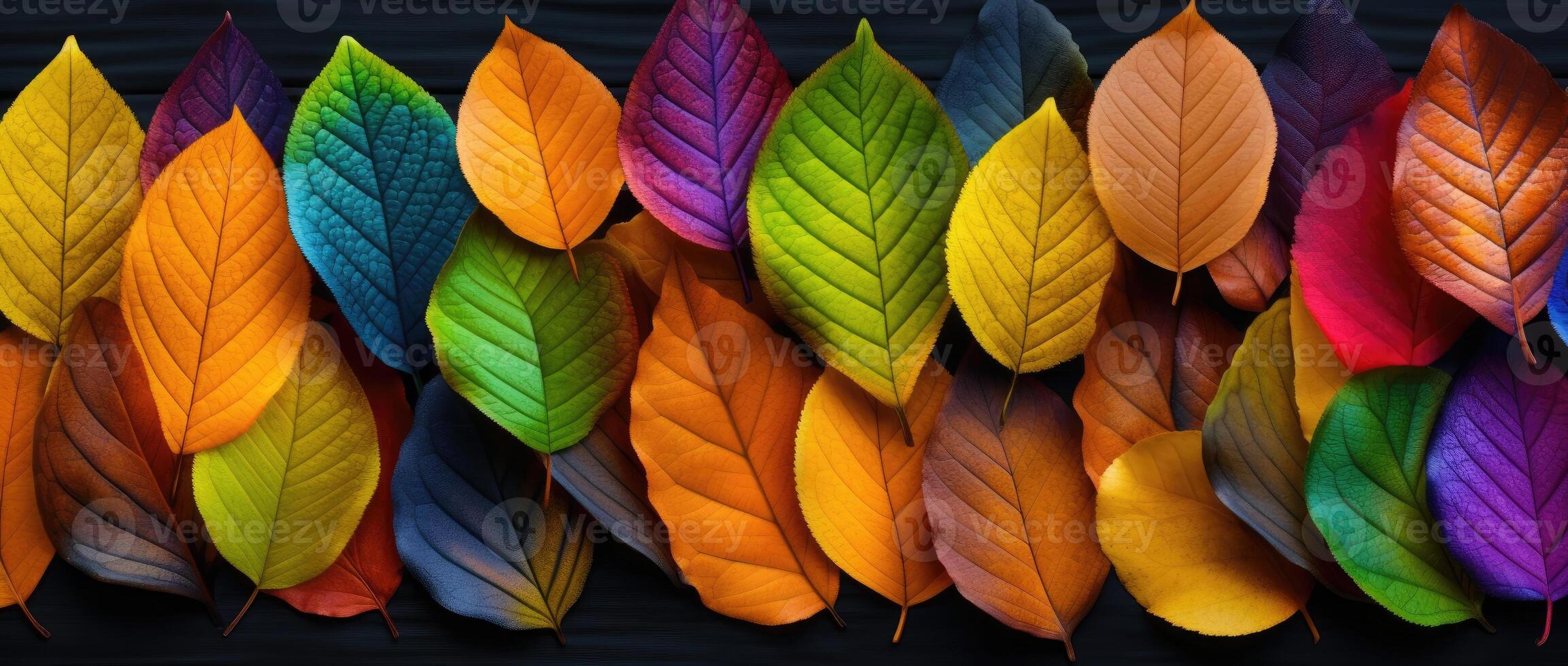 AI generated Colorful fallen autumnal leaves adorned in the vibrant hues of a rainbow, Ai Generated. photo