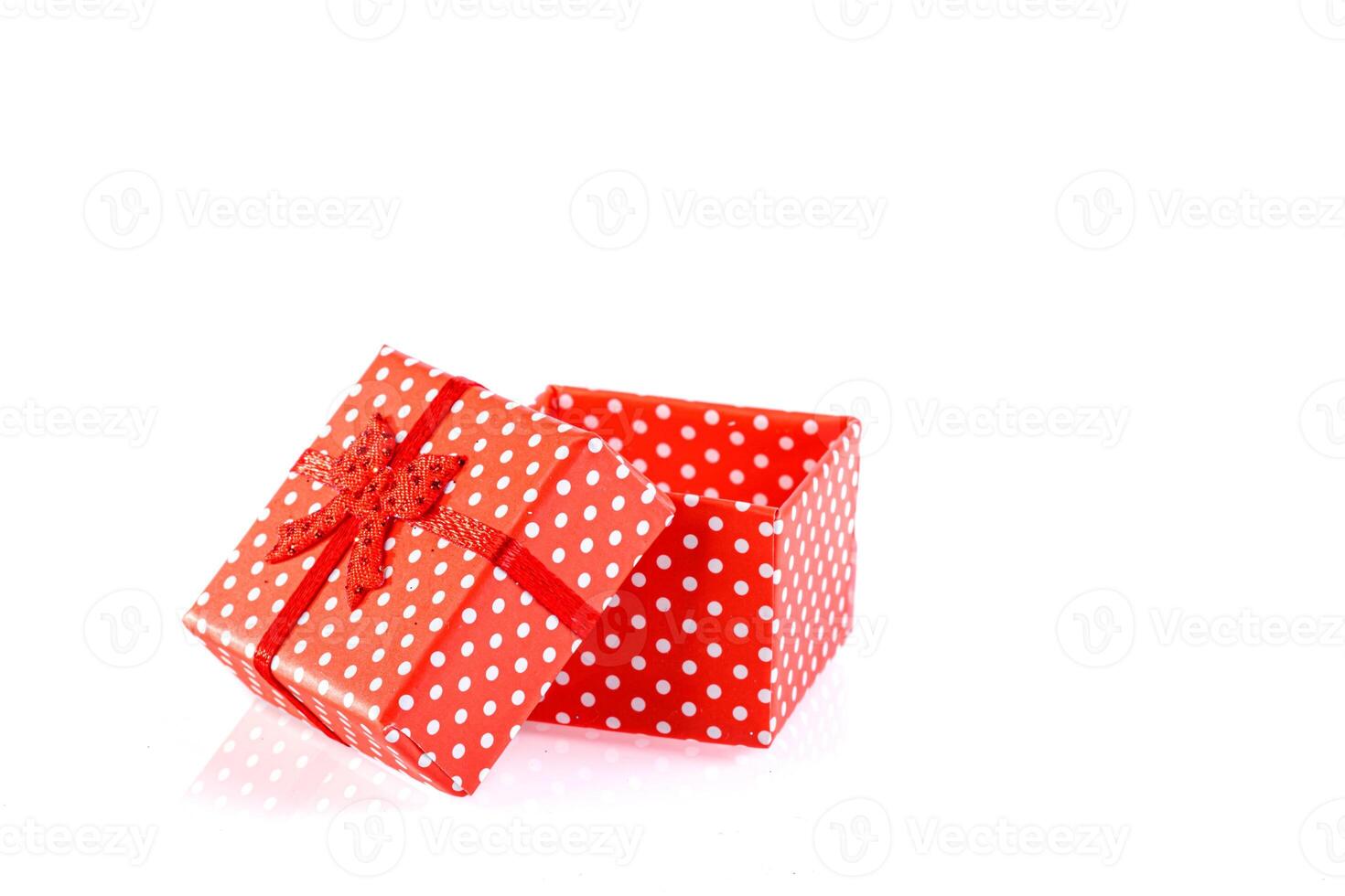 beautiful new year red gift boxes on white background photo