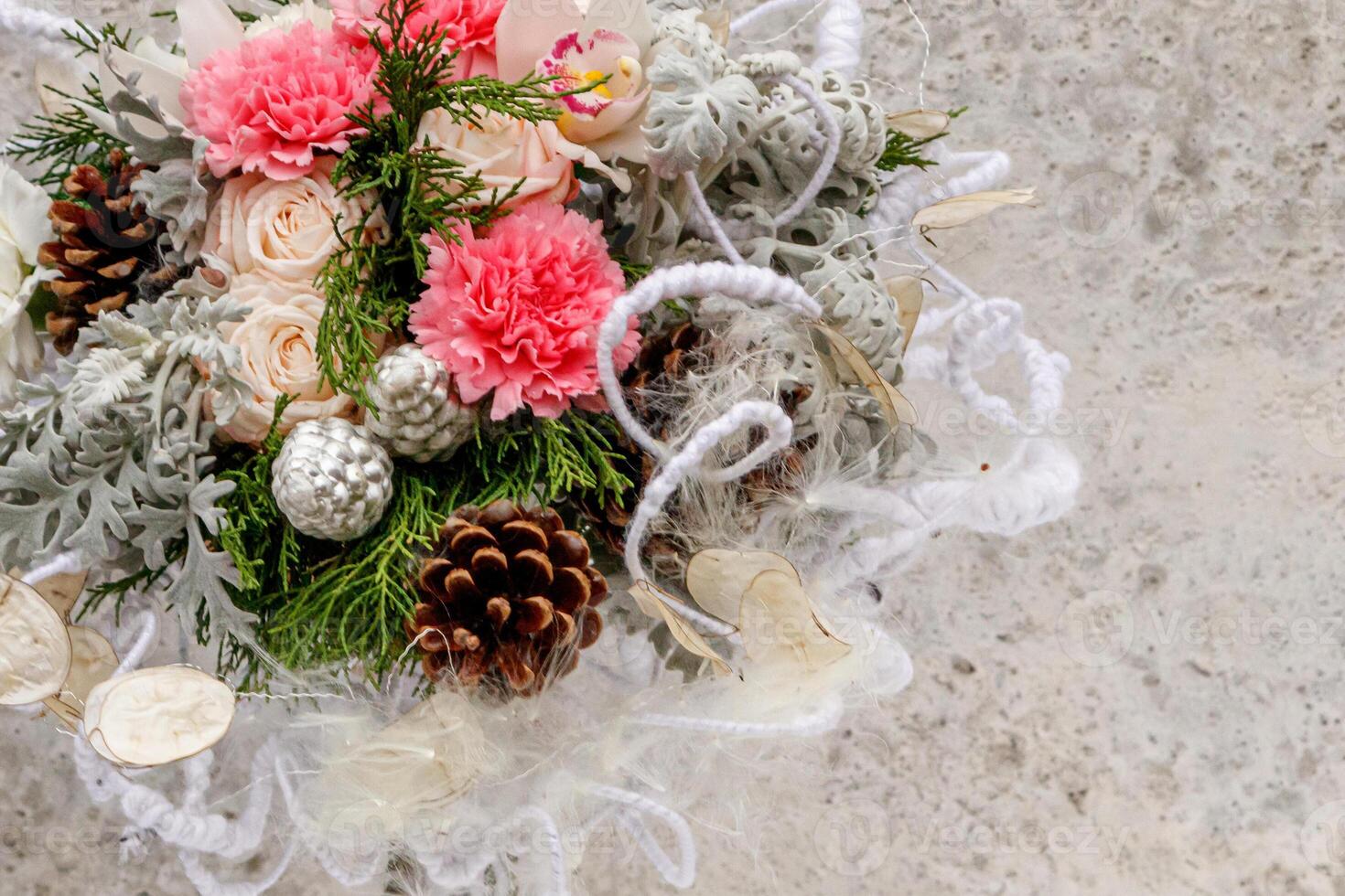 Christmas composition of flowers and Christmas decorations photo