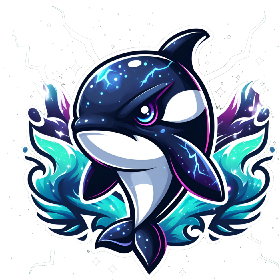 AI generated an orca whale with blue eyes and a lightning bolt on its back png