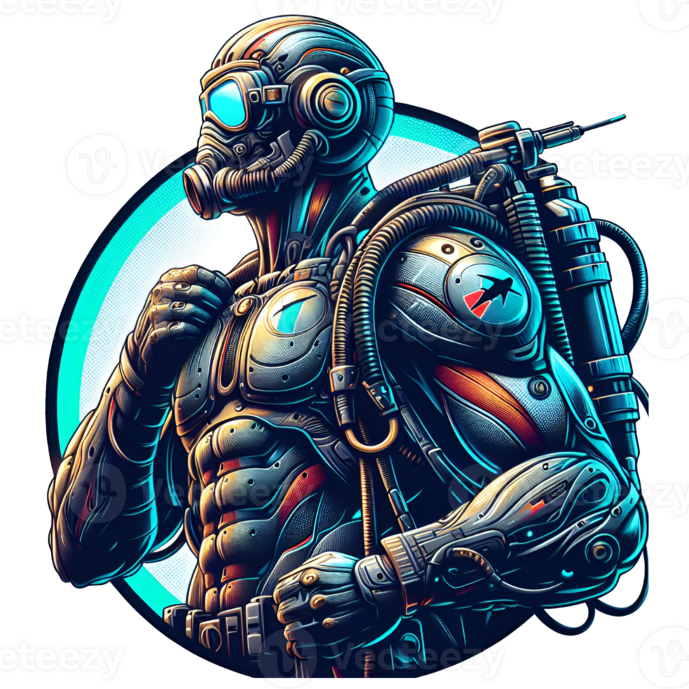 AI generated a robot with a helmet and goggles on his back png