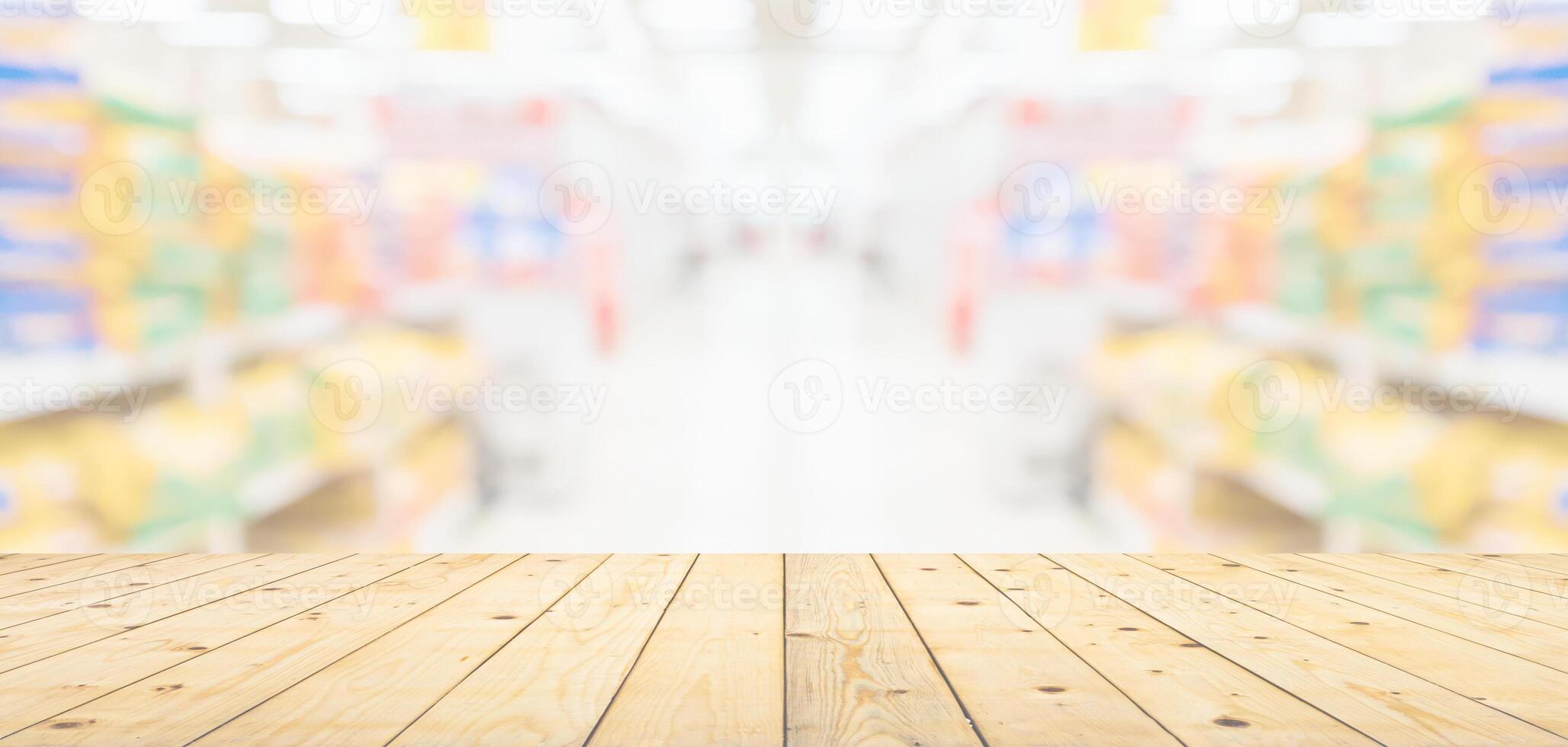 Empty wood table top with spet food shop blurred background photo