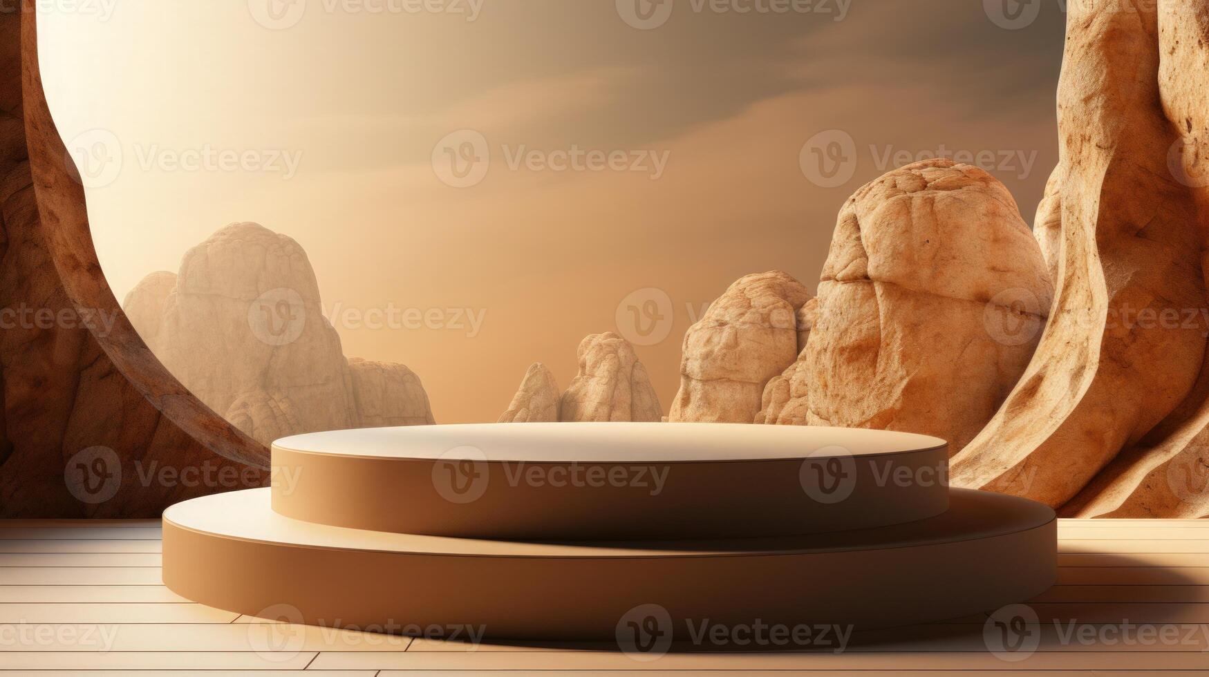 AI generated Minimalist podium design set against a backdrop of abstract desert rocks, perfect for product display with a warm, neutral color palette photo