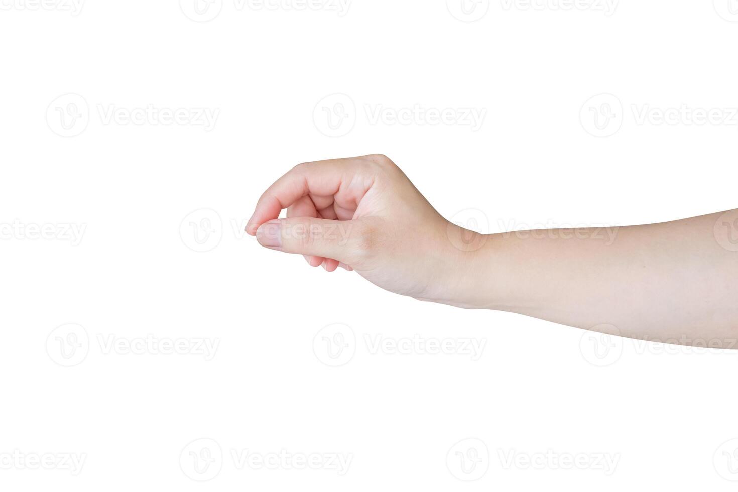 Woman hand gesture holding something isolated on white background photo