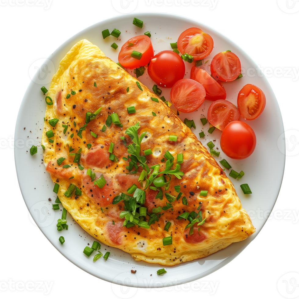 AI generated breakfast omelette on a plate top view isolated on transparent png