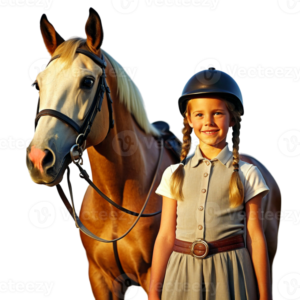 AI generated horseback riding with horse and girl standing next- png