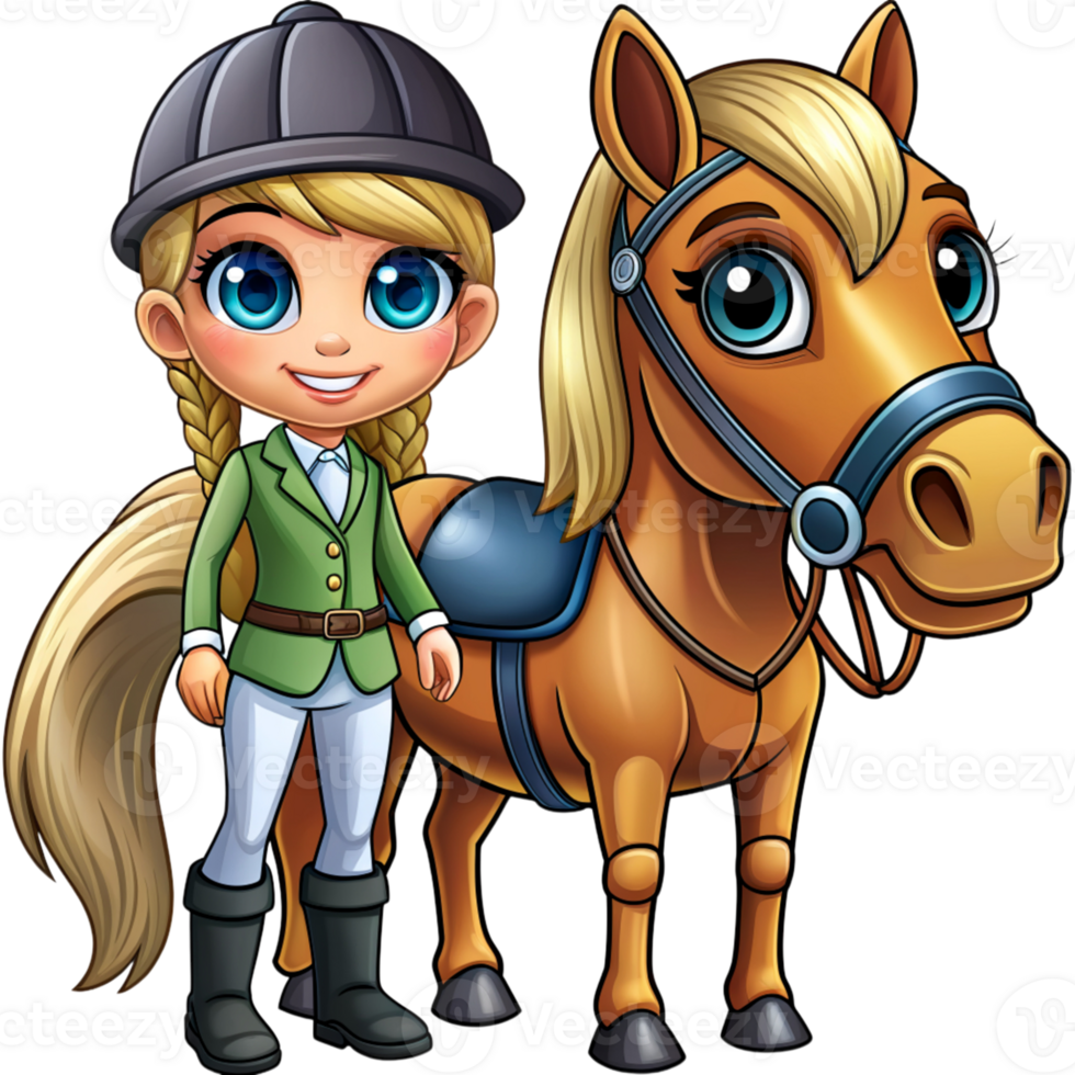 AI generated horseback riding with horse and girl standing next- png