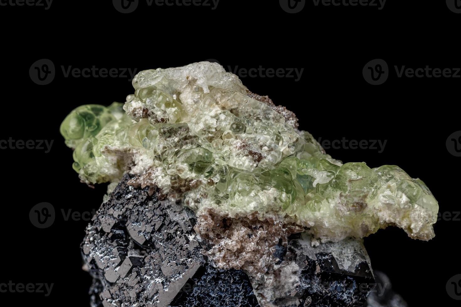 Macro stone Hyalite mineral, tourmaline Sherl, smoky quartz on a black background photo