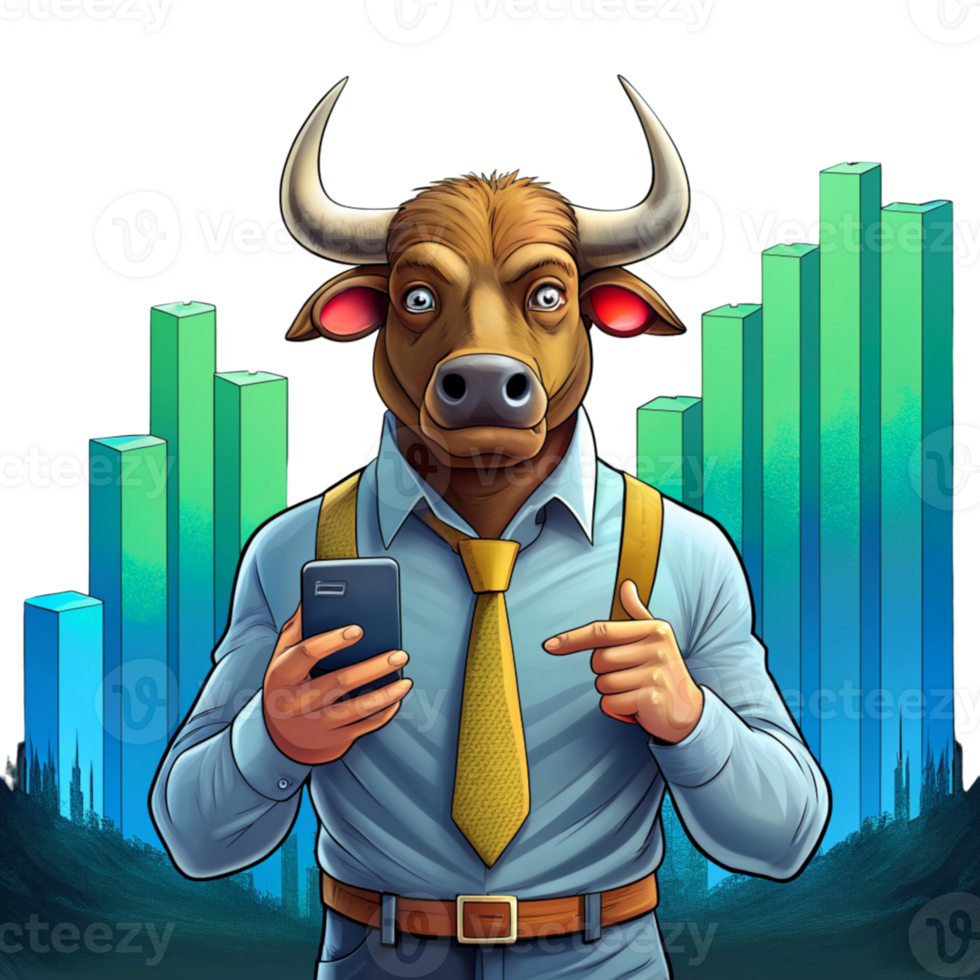 AI generated Distinguished person with bear and bull economy behind him- png