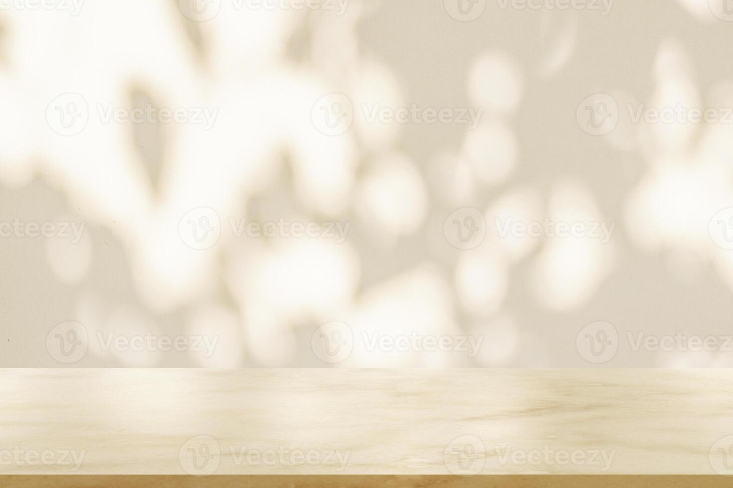 Empty marble table top on white wall texture with tree leaves shadow background photo