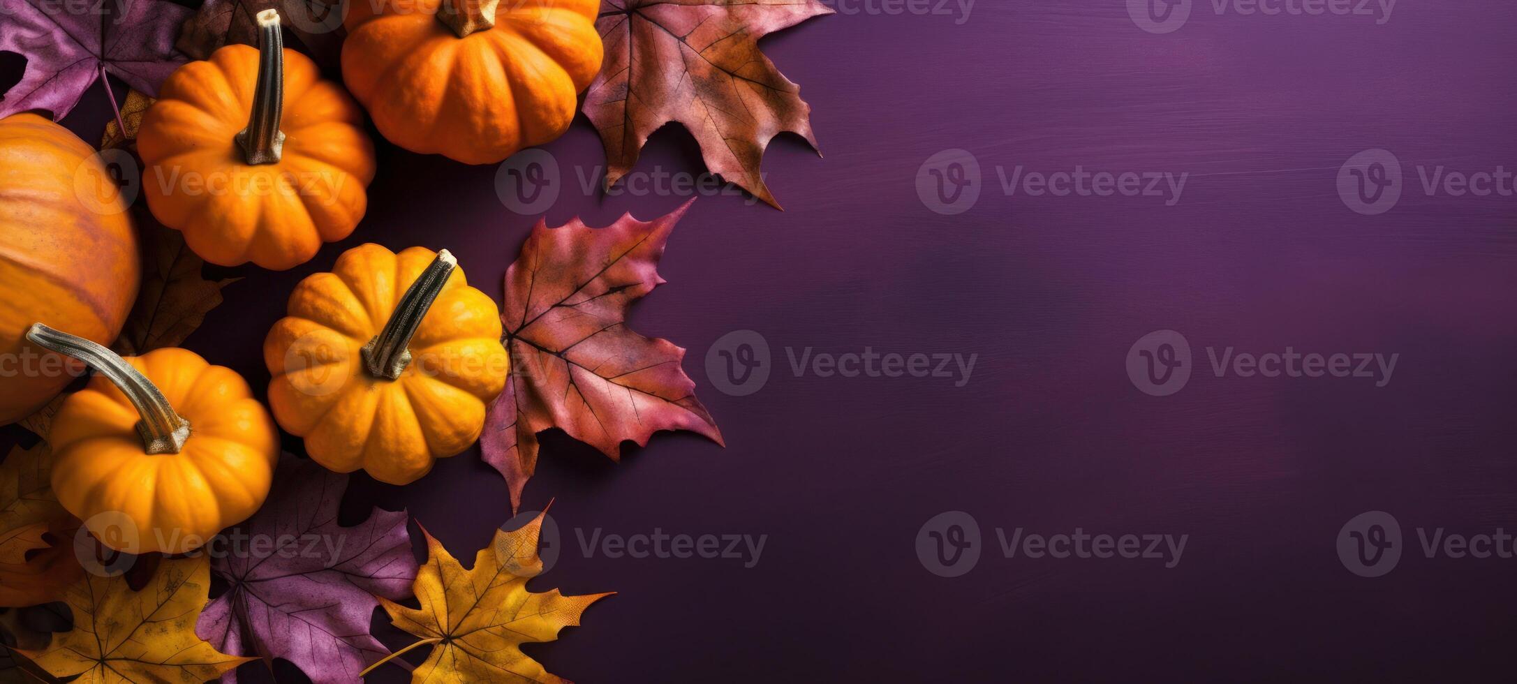 AI generated Vibrant autumn scene with pumpkins and leaves on purple background. Perfect for seasonal designs and fall themed projects photo