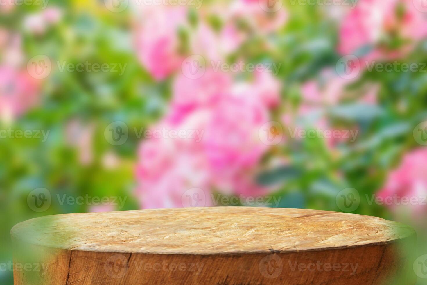 Empty old tree stump table top with blur rose garden background for product display photo