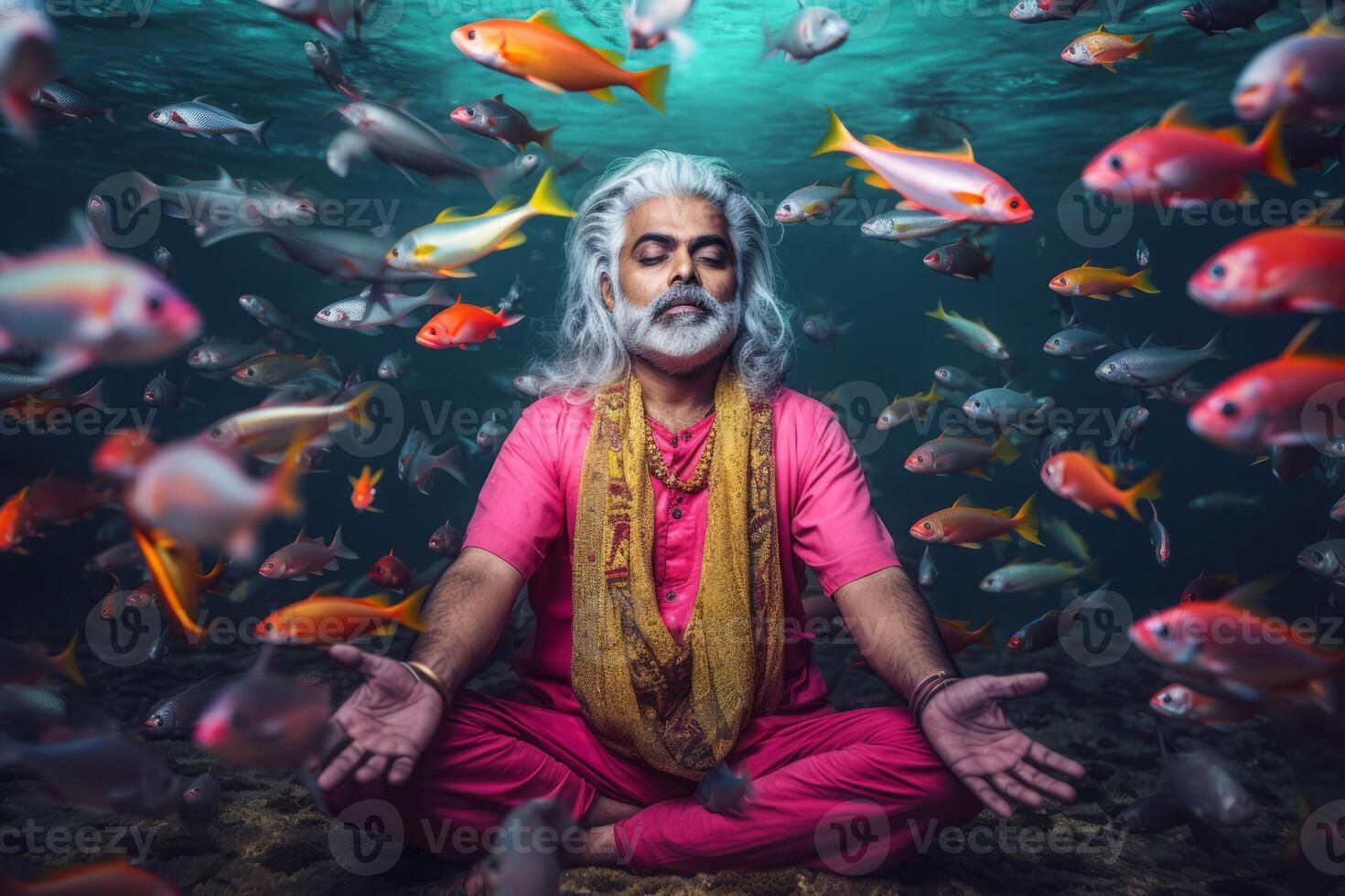 AI generated Guru meditating underwater fish. Generate AI photo