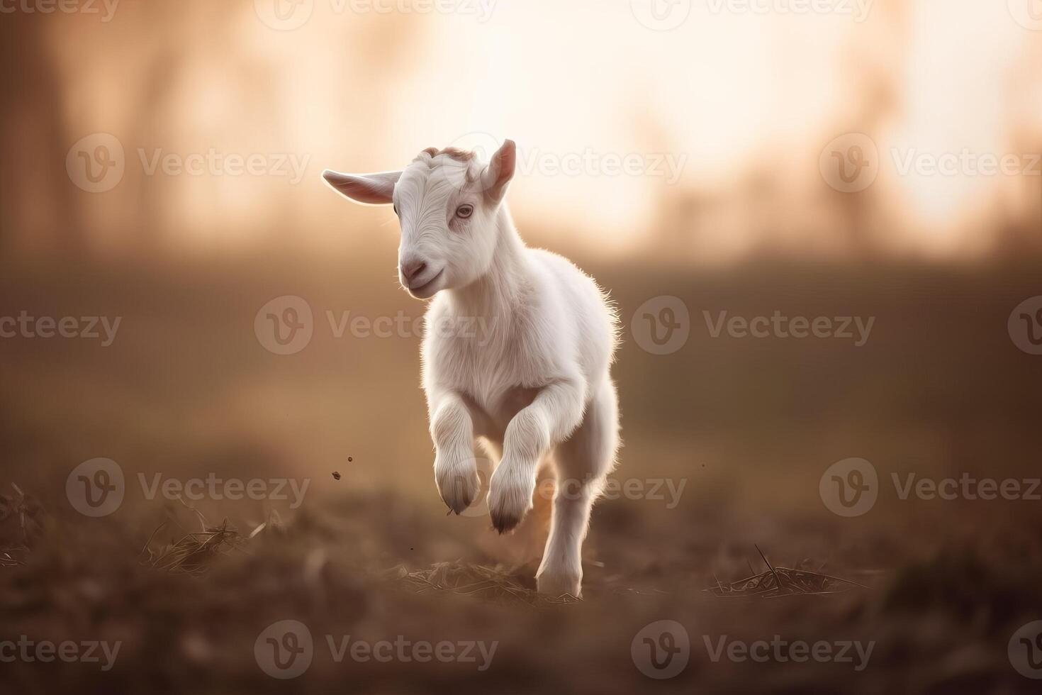ai generado saltando linda pequeño cabra en tierras de cultivo generar ai foto
