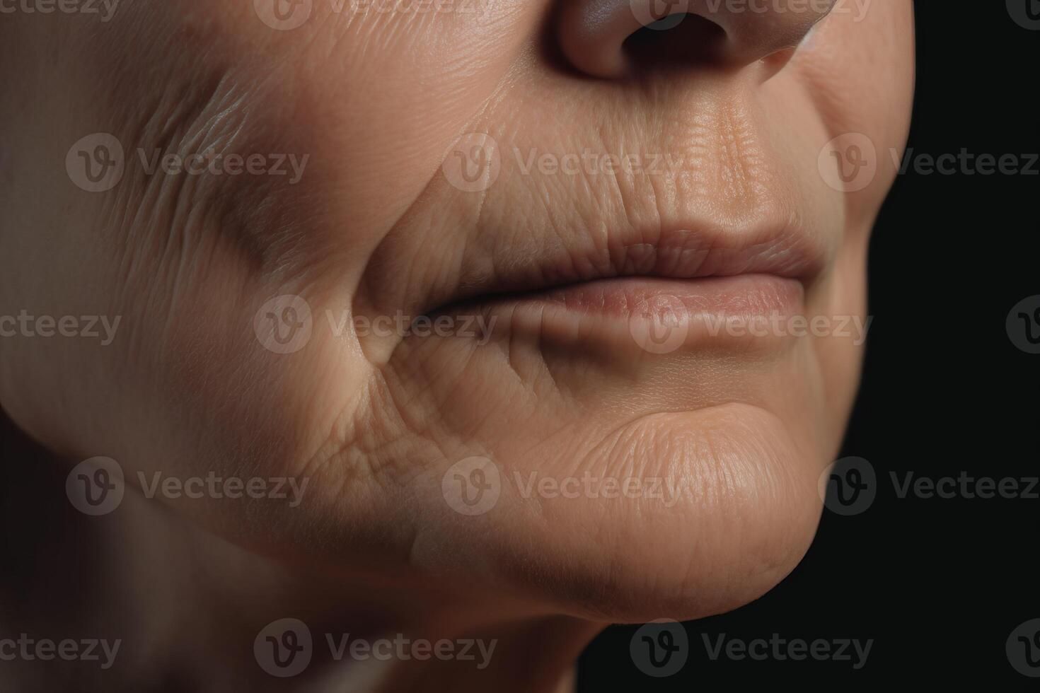 AI generated Nasolabial folds senior woman mouth closeup. Generate ai photo