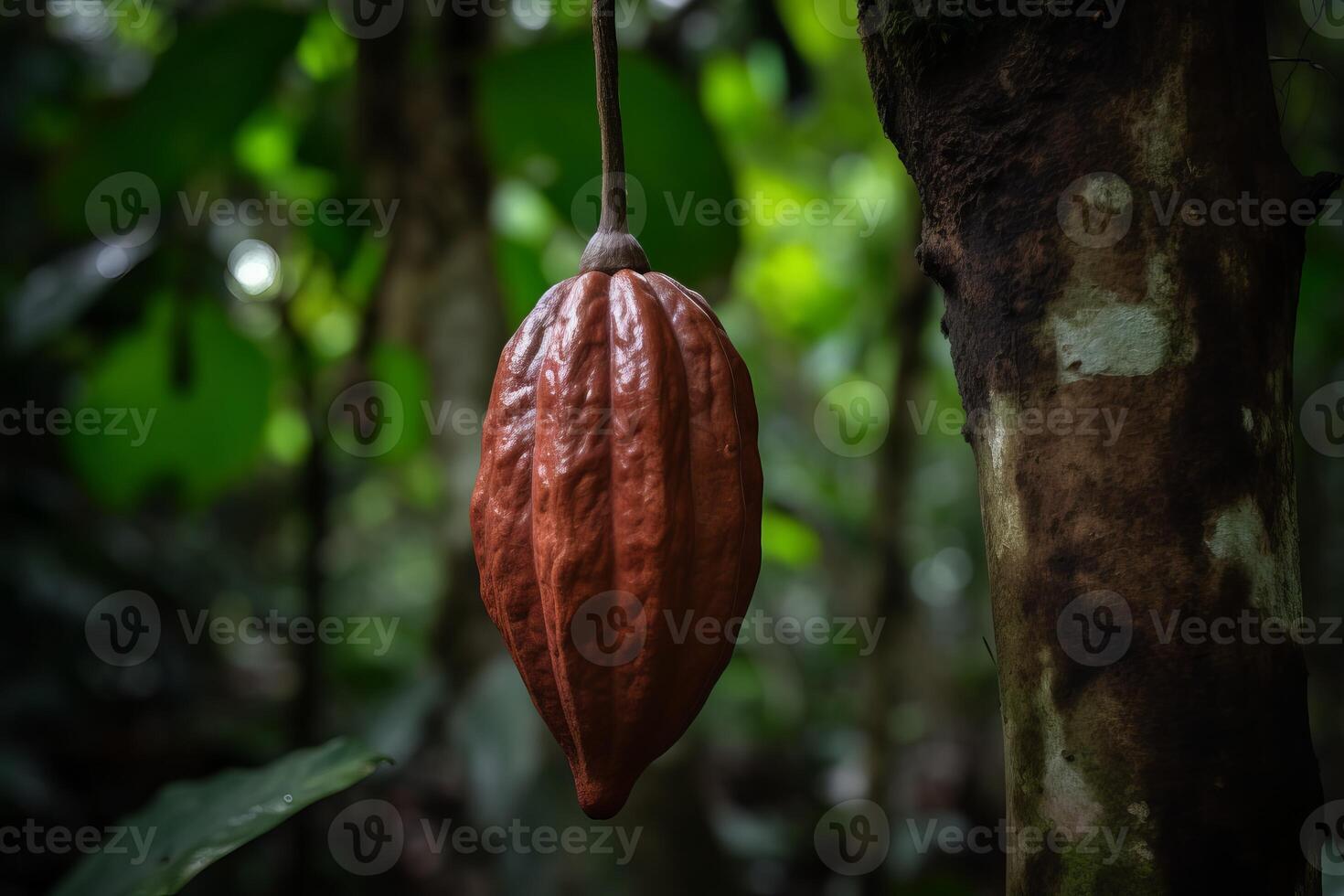 ai generado colgando vaina cacao frijoles en huerta. generar ai foto