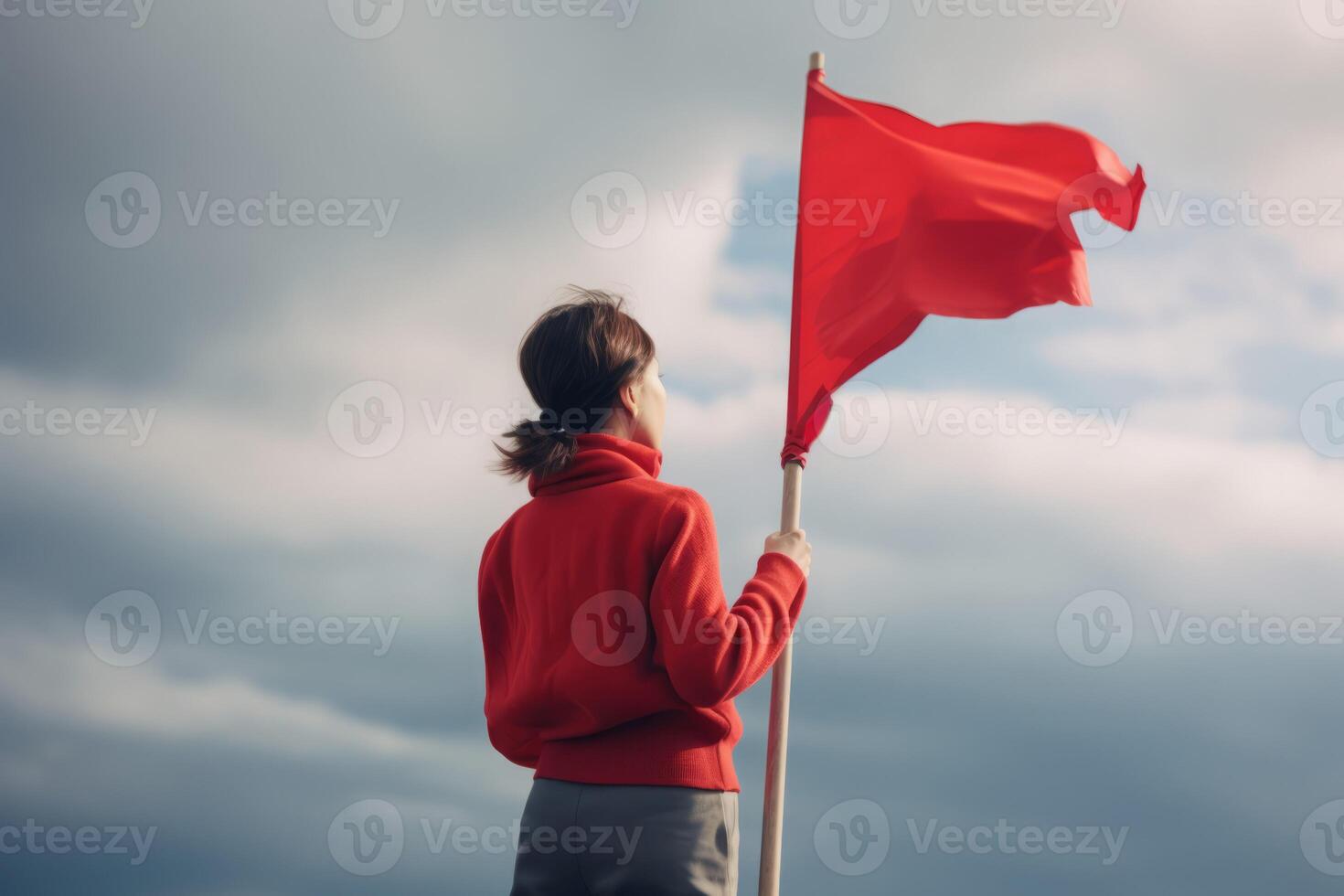 ai generado mujer sostener rojo bandera. generar ai foto