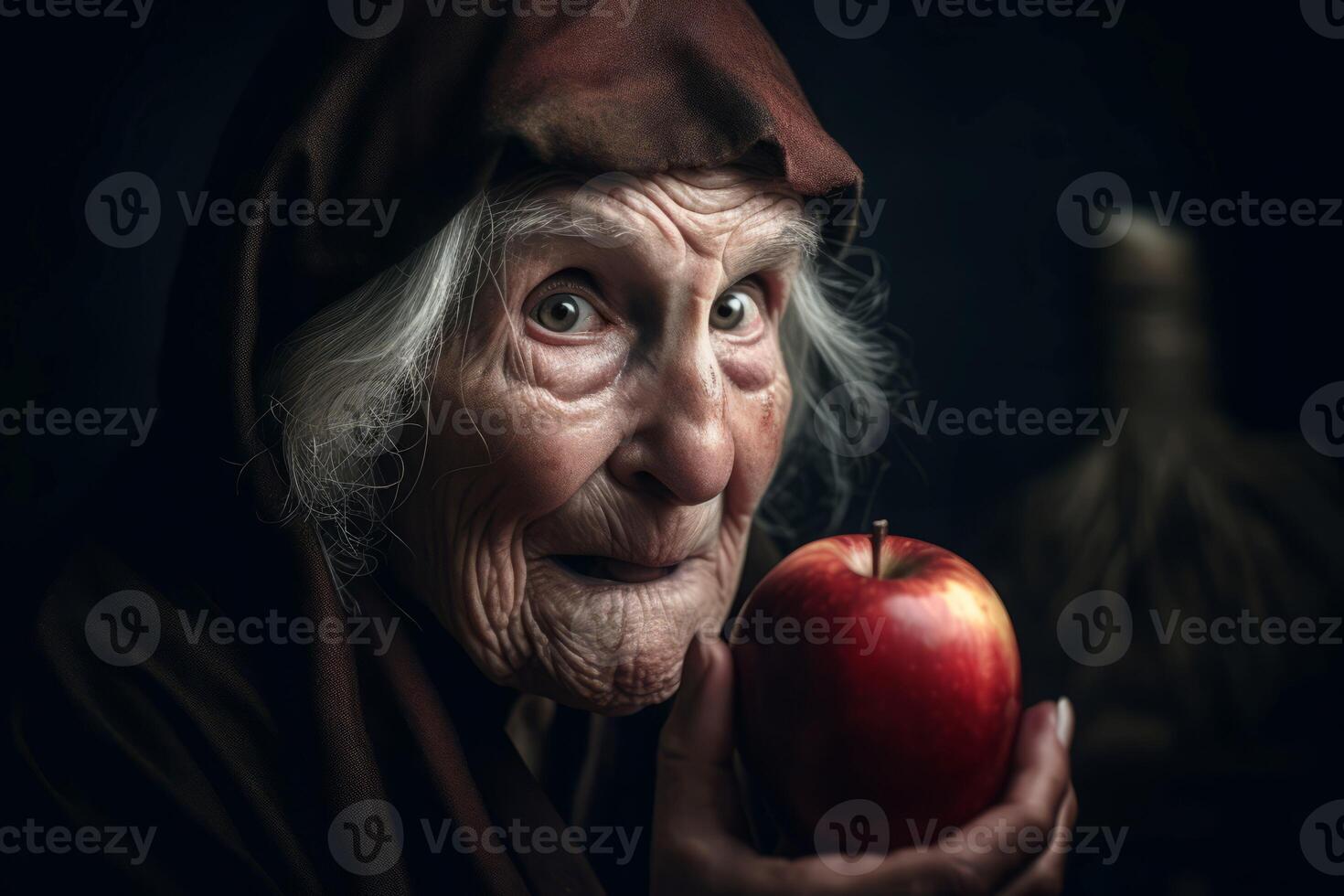 AI generated Scary woman with apple. Generate AI photo