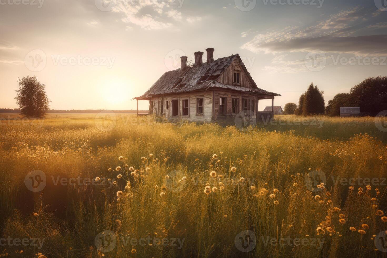 AI generated Old house meadow. Generate AI photo