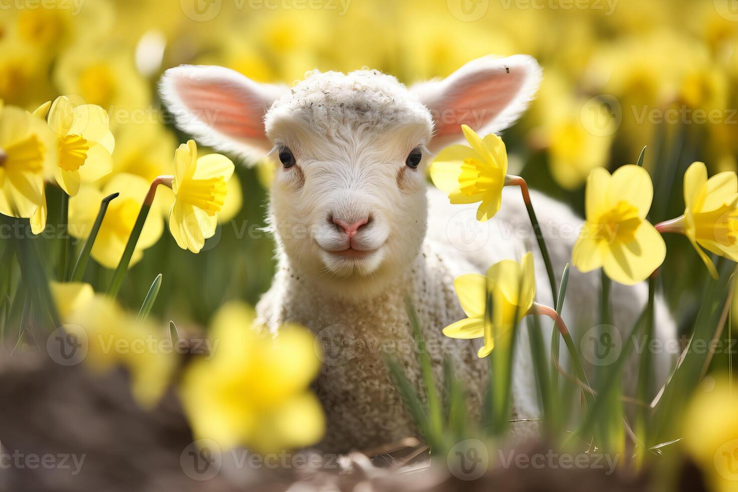 ai generado pequeño Cordero en narciso flores generar ai foto