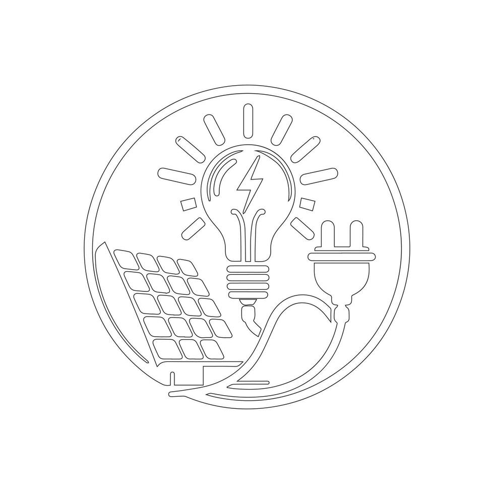 A line drawing that never stops Solar energy is symbolized by a solar panel, plug, and lightbulb. Suitable for banners, slide shows, logos, and emblems vector