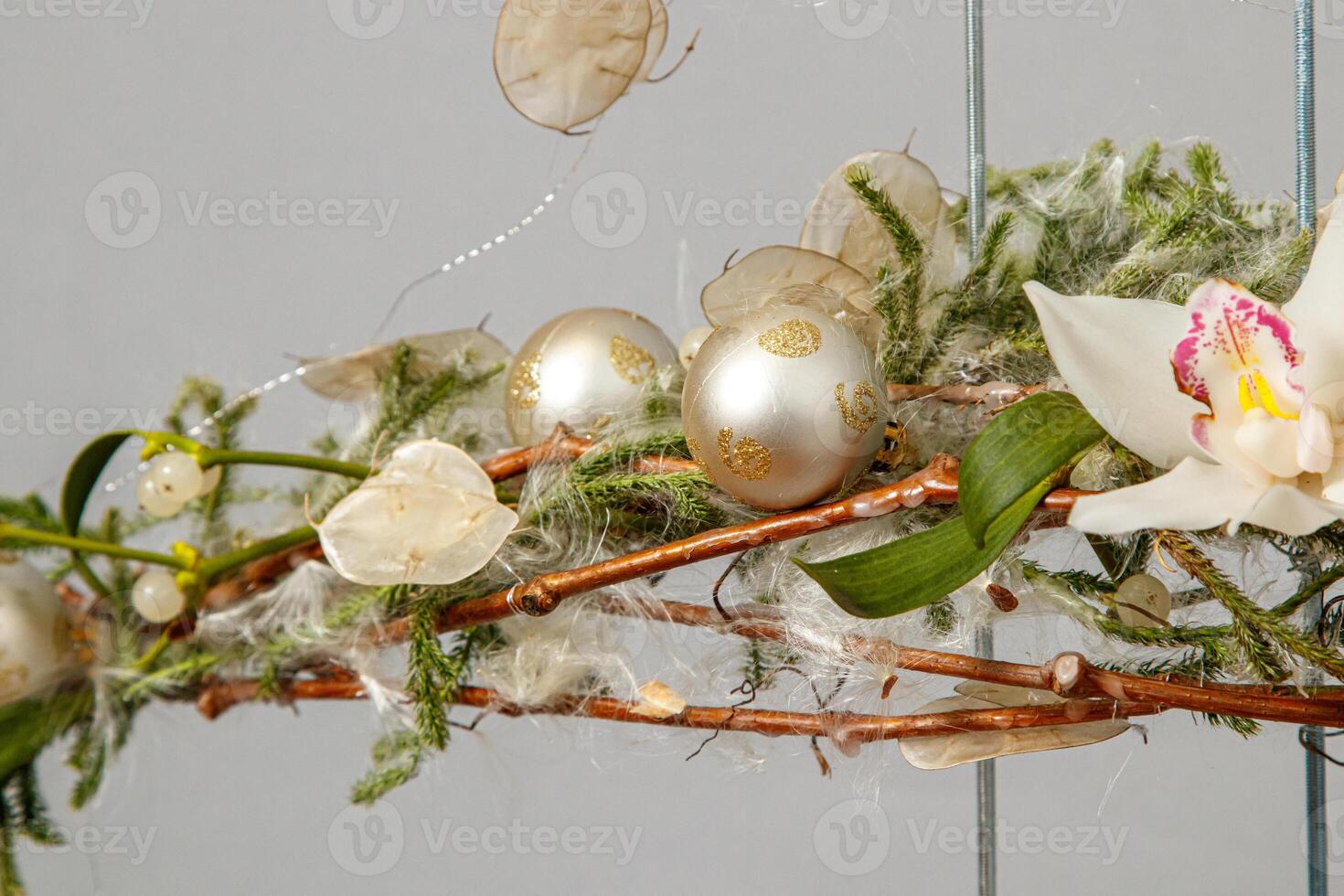 Christmas composition of flowers and Christmas decorations photo