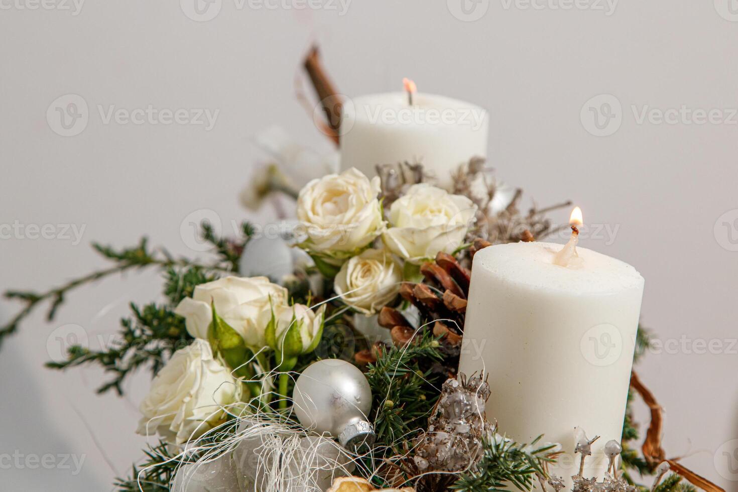 Christmas composition of flowers and Christmas decorations photo