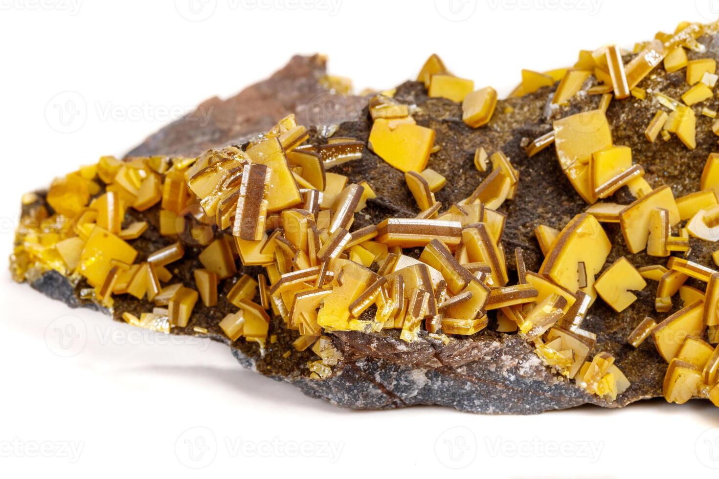 Macro mineral stone yellow Wulfenite on a white background photo