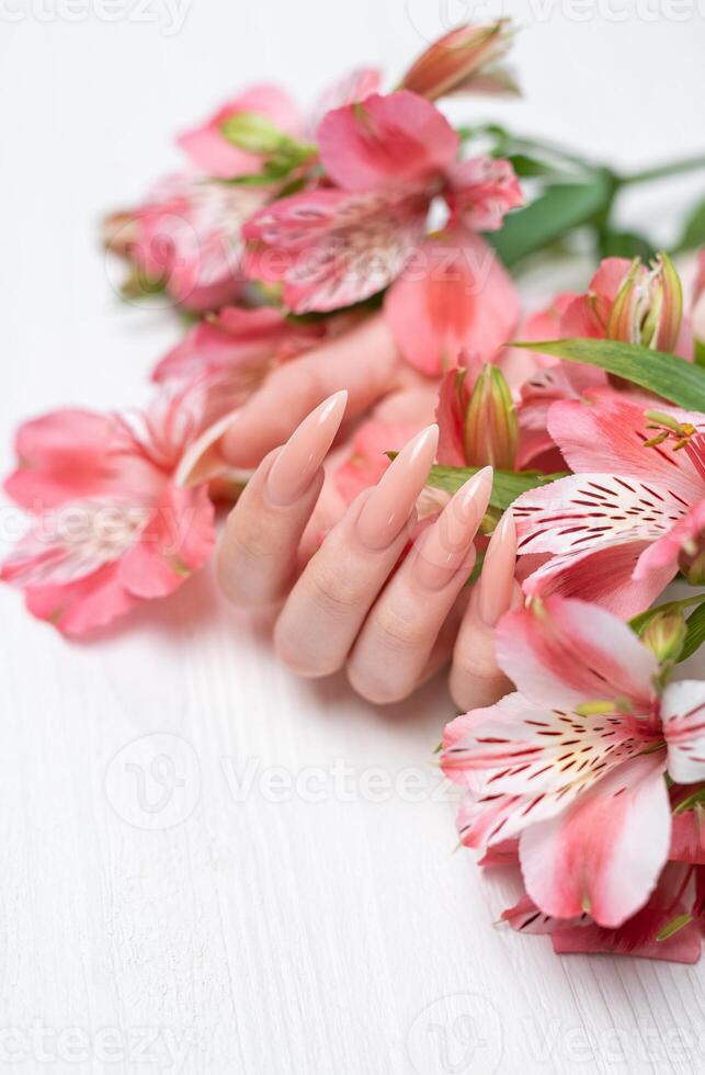 Elegant pastel pink natural manicure. photo
