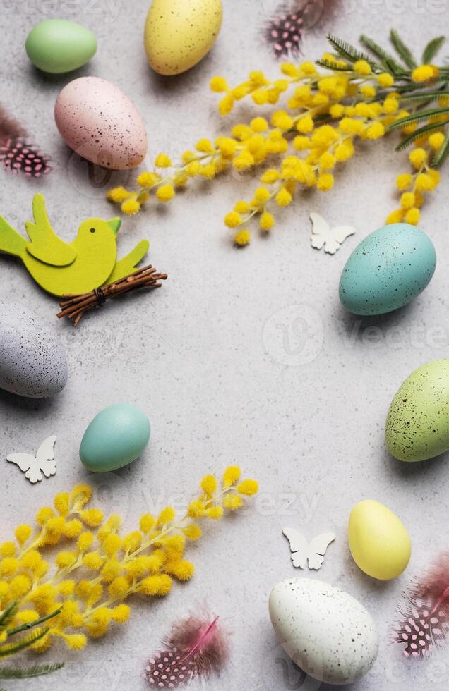 Colorful Easter Eggs and Yellow Mimosa Flowers Arranged on a Soft Background photo