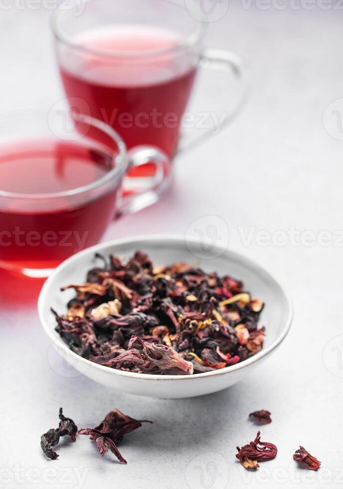 Glass cup of hot hibiscus tea. photo