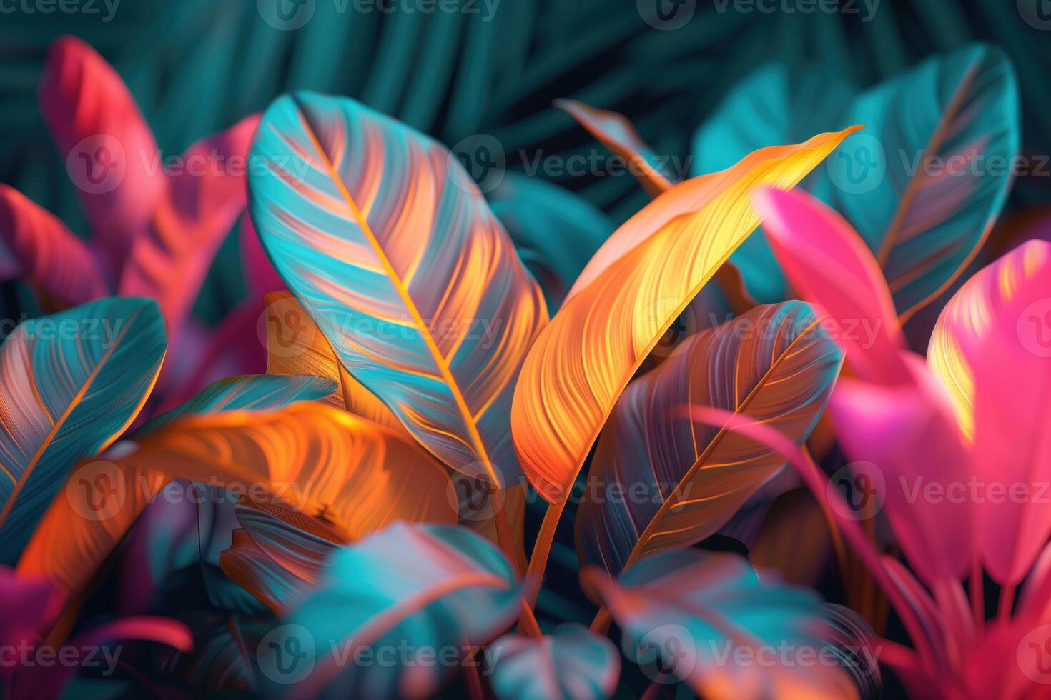 AI generated Dark tropical leaves luminous colorful colors photo