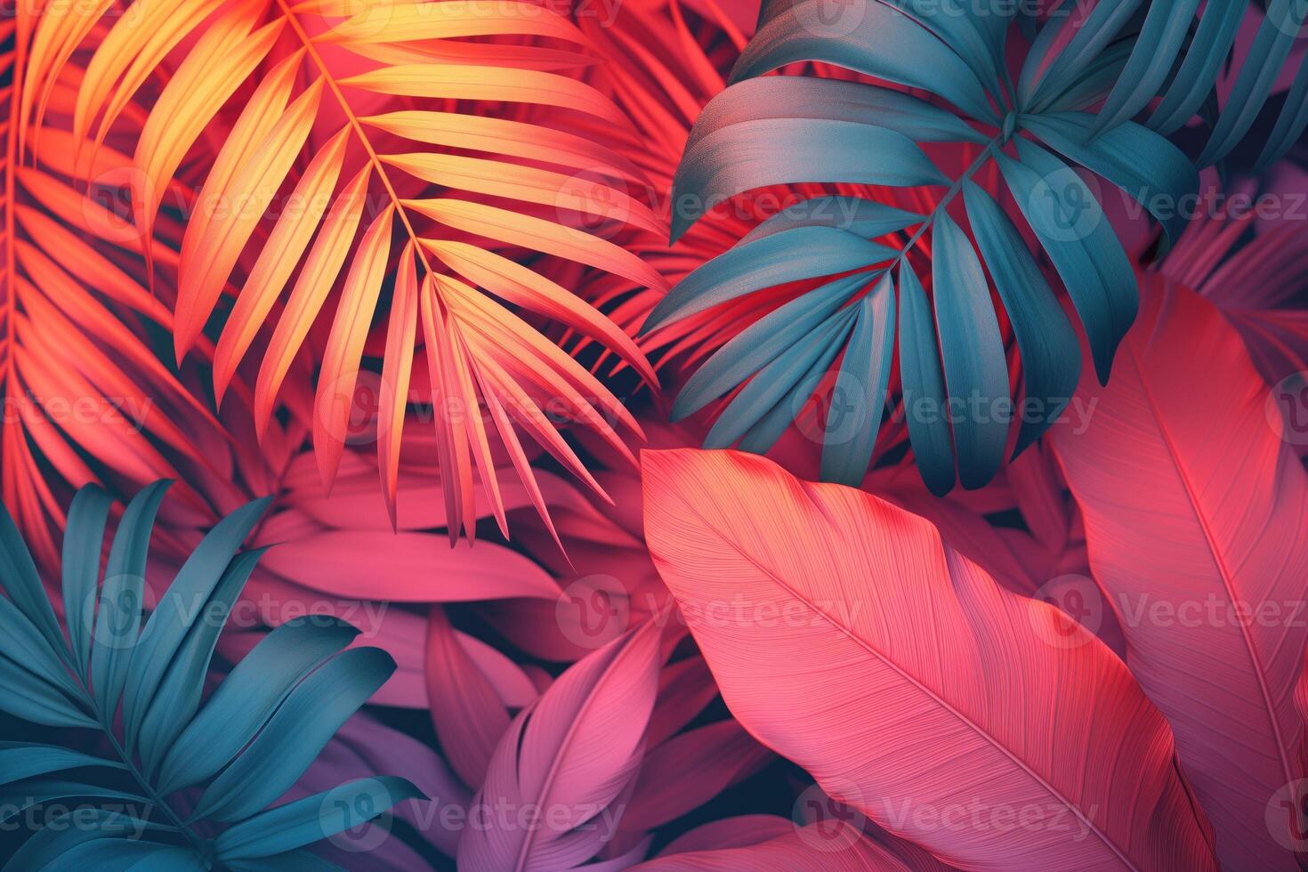 AI generated Dark tropical leaves luminous colorful colors photo