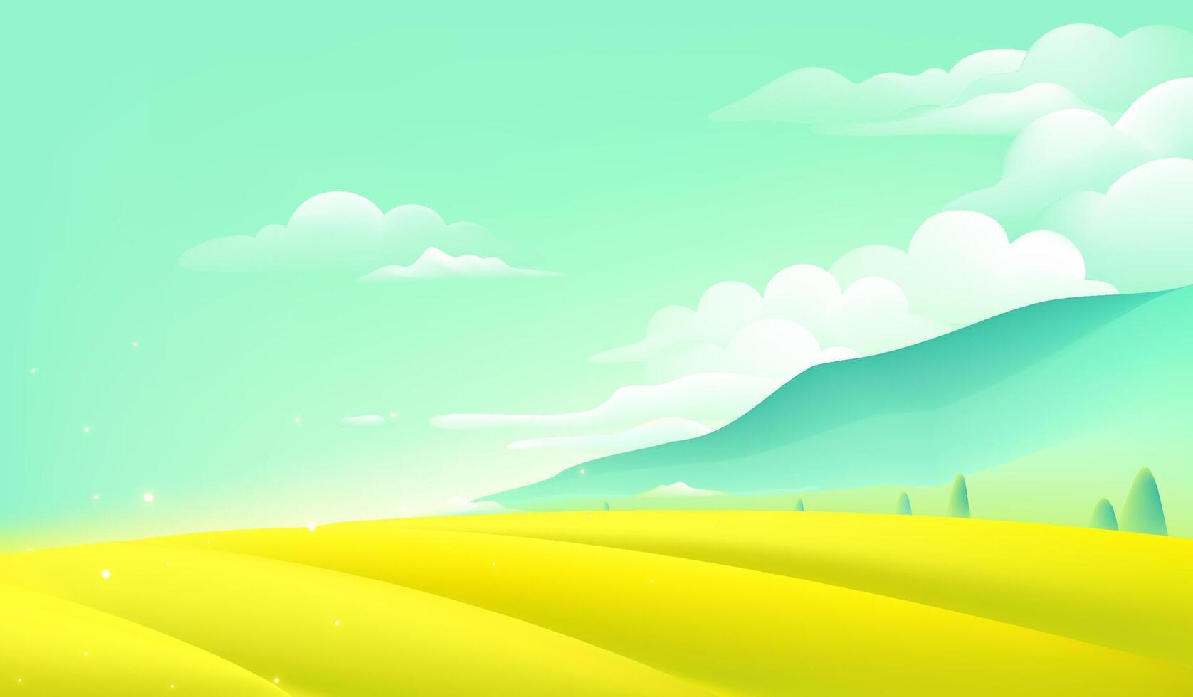 Vector spring illustration sunny countryside and golden fields