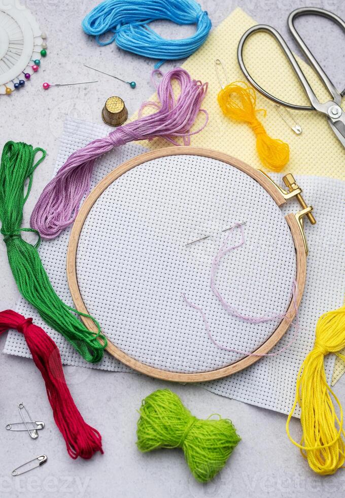 Embroidery hoop, fabric, thread and other accessories photo