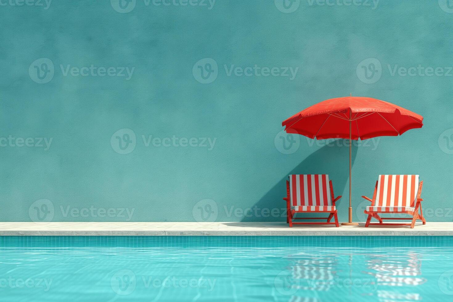 AI generated Beach deck chairs and umbrella set on light background photo