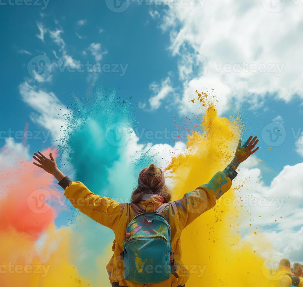 AI generated Colorful rainbow indian people celebrate holi festival photo