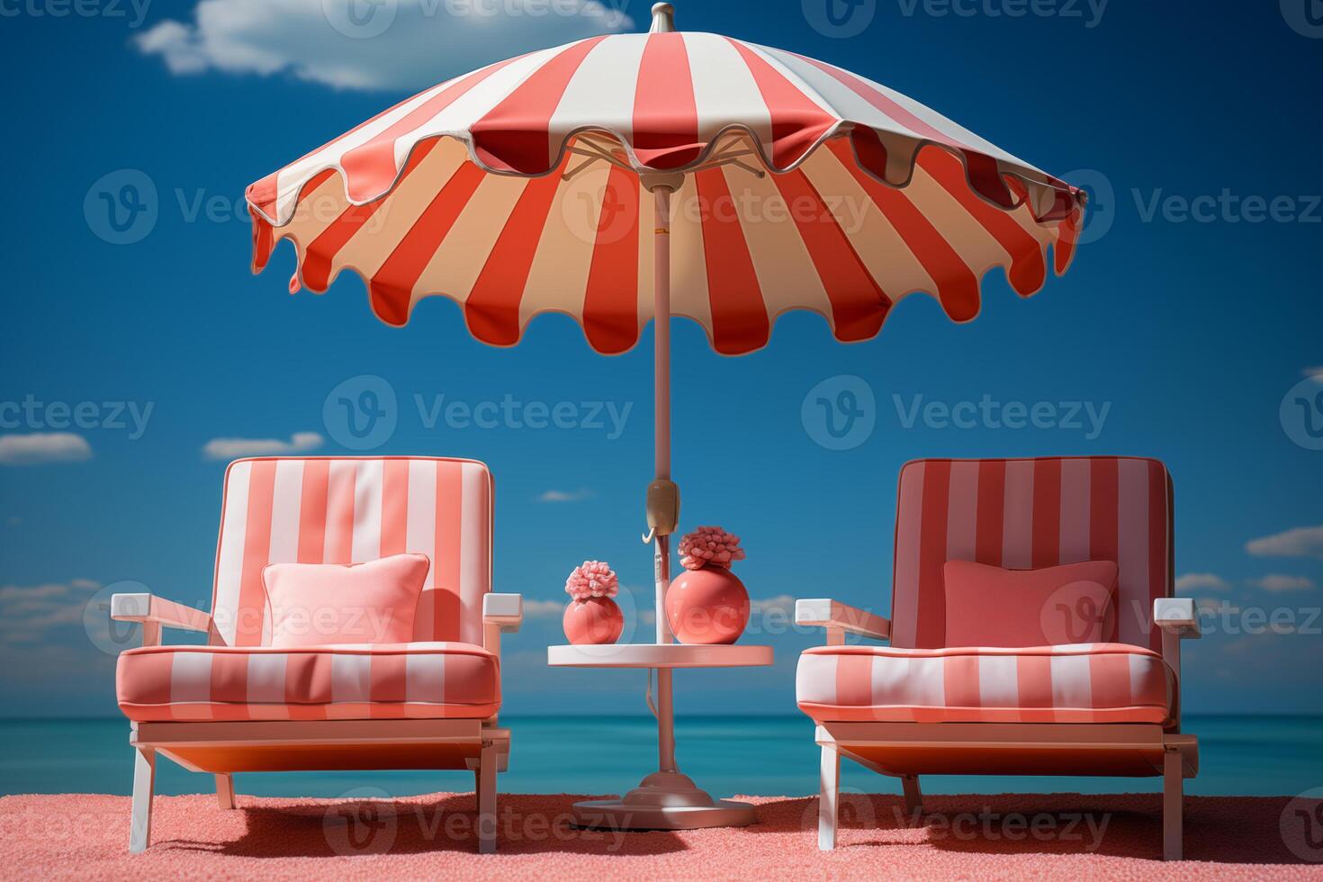 AI generated Beach deck chairs and umbrella set on light background photo